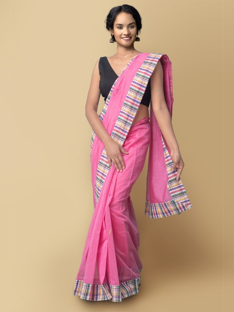 

Unnati Silks Pink & White Checked Chanderi Art Silk Saree