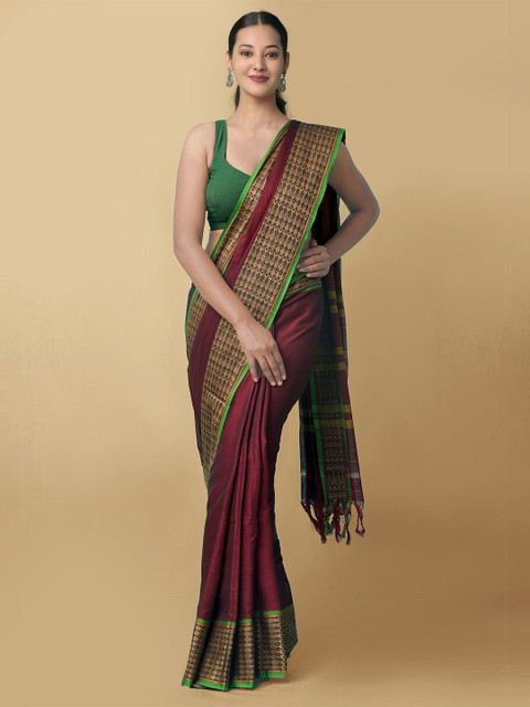 

Unnati Silks Maroon & Green Solid Pure Cotton Handloom Narayan Peth Saree
