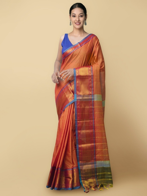 

Unnati Silks Orange & Blue Solid Pure Cotton Handloom Narayan Peth Saree