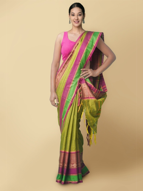 

Unnati Silks Green & Magenta Solid Pure Cotton Handloom Narayan Peth Saree