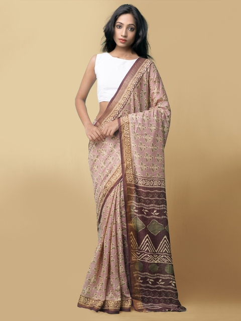 

Unnati Silks Pink & Green Batik Printed Art Linen Saree