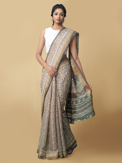 

Unnati Silks Grey & Off White Batik Printed Art Linen Saree