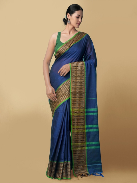 

Unnati Silks Blue & Green Solid Pure Cotton Handloom Narayan Peth Saree