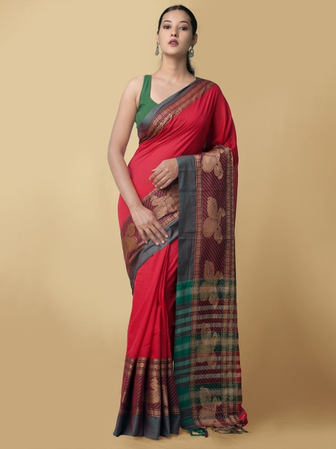 

Unnati Silks Red & Green Solid Pure Cotton Handloom Kanchi Saree