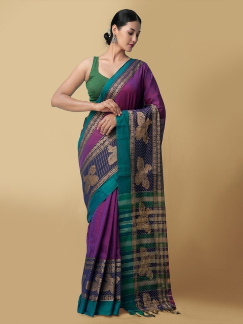 

Unnati Silks Purple & Green Woven designed Pure Cotton Handloom Kanchi Saree