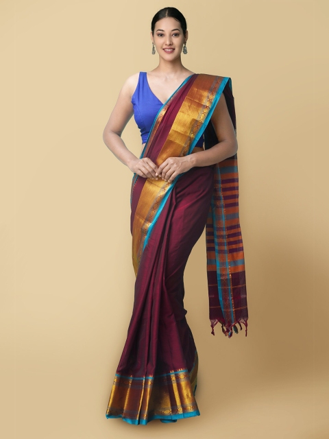 

Unnati Silks Maroon & Blue Solid Pure Cotton Handloom Narayan Peth Saree