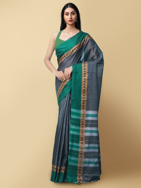 

Unnati Silks Grey & Green Woven Designed Pure Cotton Handloom Narayan Peth Saree