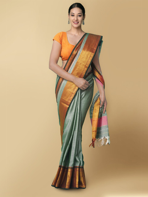 

Unnati Silks Green & Gold-Toned Solid Pure Cotton Handloom Narayan Peth Saree