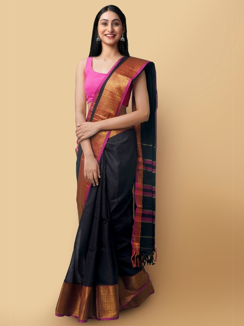 

Unnati Silks Black & Pink Solid Pure Cotton Handloom Narayan Peth Saree