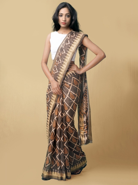 

Unnati Silks Women Taupe Printed Art Linen Saree