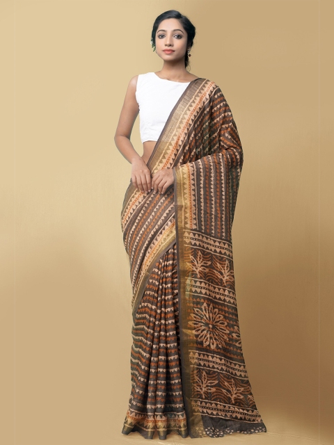 

Unnati Silks Brown & Beige Batik Printed Art Linen Saree