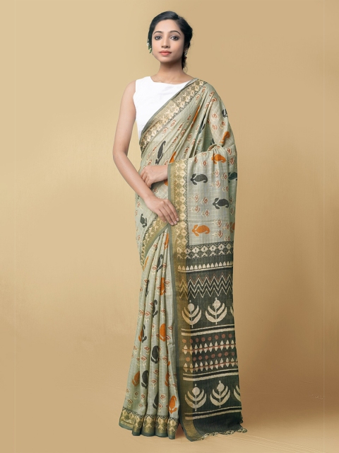 

Unnati Silks Green & Orange Batik Printed Art Linen Saree