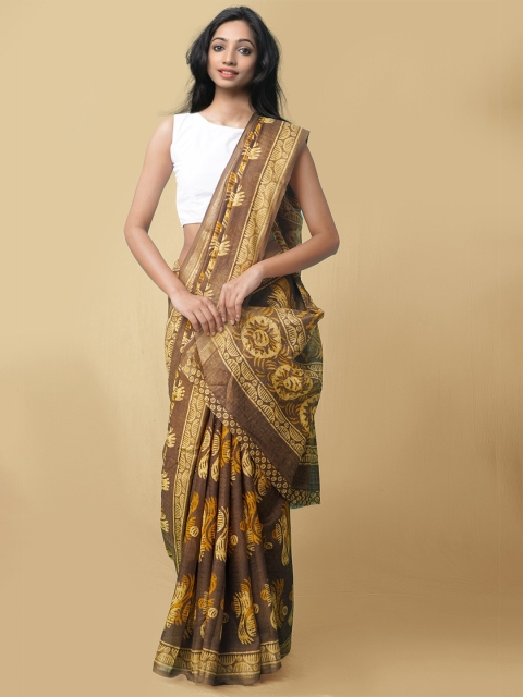 

Unnati Silks Blue & Beige Batik Printed Art Linen Saree, Brown
