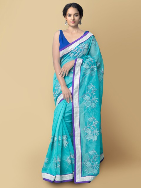 

Unnati Silks Blue & Silver-Toned Floral Embroidered Supetnet Saree