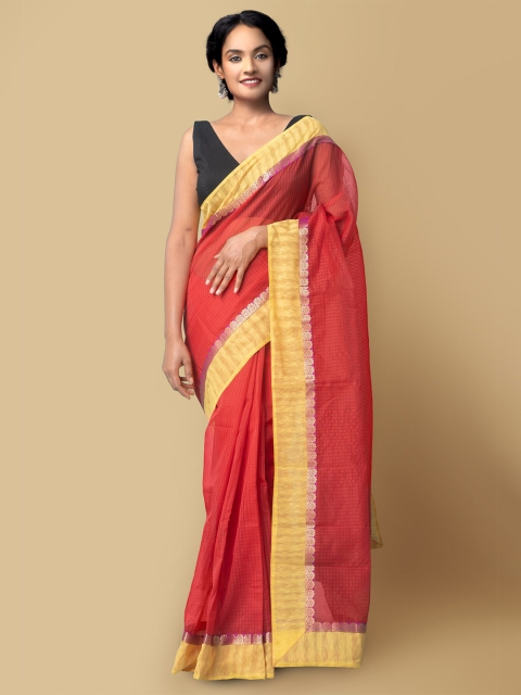 

Unnati Silks Red & Yellow Checked Chanderi Art Silk Saree