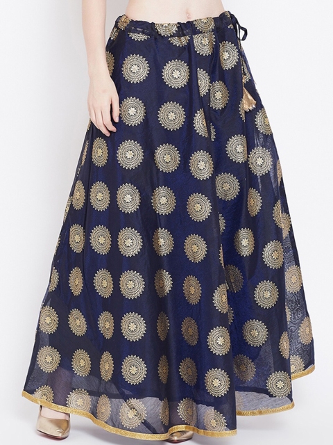 

studio rasa Women Navy Blue & Gold-Coloured Chanderi Foil Printed Flared Maxi Skirt