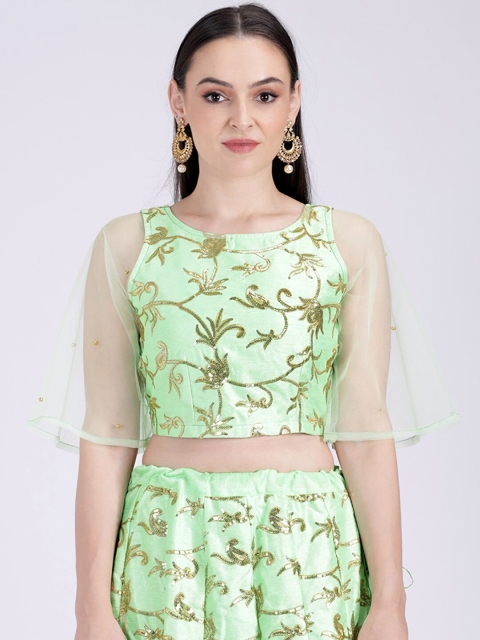 

studio rasa Lime Green & Gold-Toned Floral Embellished Net Fitted Crop Top