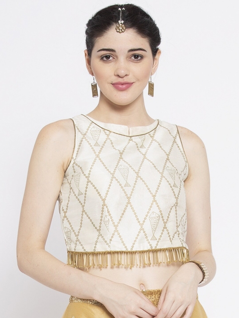 

studio rasa Off White Embellished Fringed Dupion Block Printed Crop Top