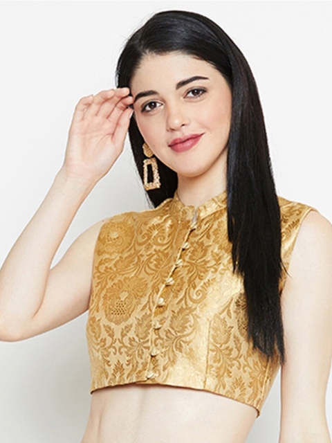 

studio rasa Beige Embroidered Mandarin Collar Fitted Crop Top