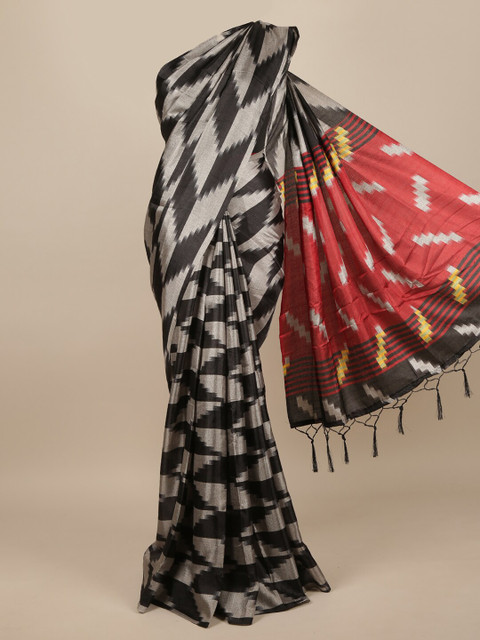 

Pothys Black & Red Jute Silk Geometric Printed Saree