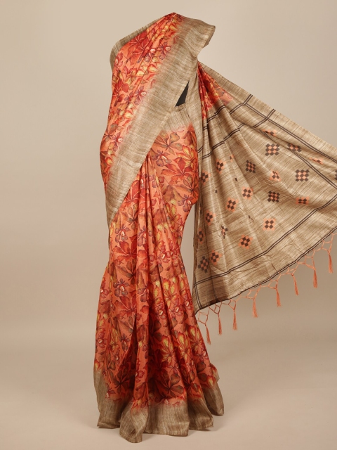 

Pothys Peach-Coloured & Beige Jute Silk Floral Printed Saree