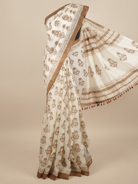 

Pothys Off White & Brown Jute Silk Ethnic Motifs Printed Saree