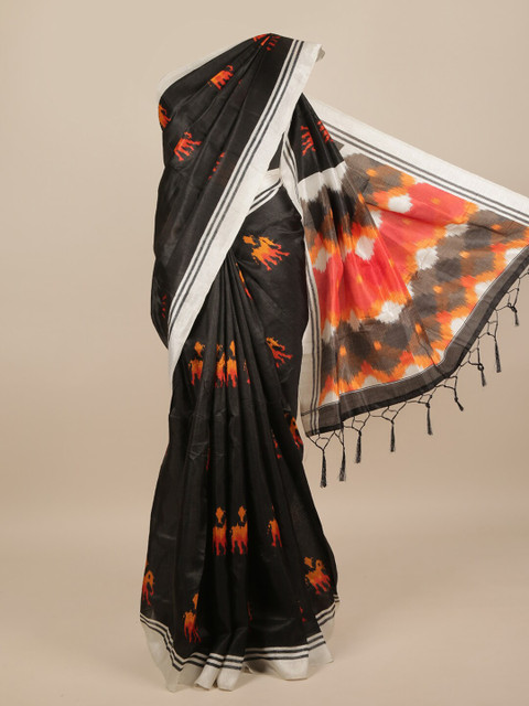

Pothys Black & Orange Jute Silk Abstract Printed Saree