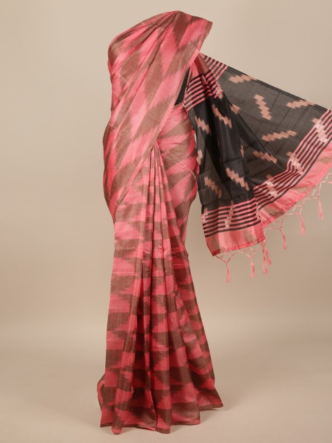 

Pothys Pink & Black Jute Silk Geometric Printed Saree