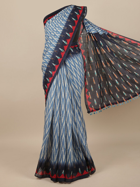 

Pothys Blue & Navy Blue Jute Silk Geometric Printed Saree
