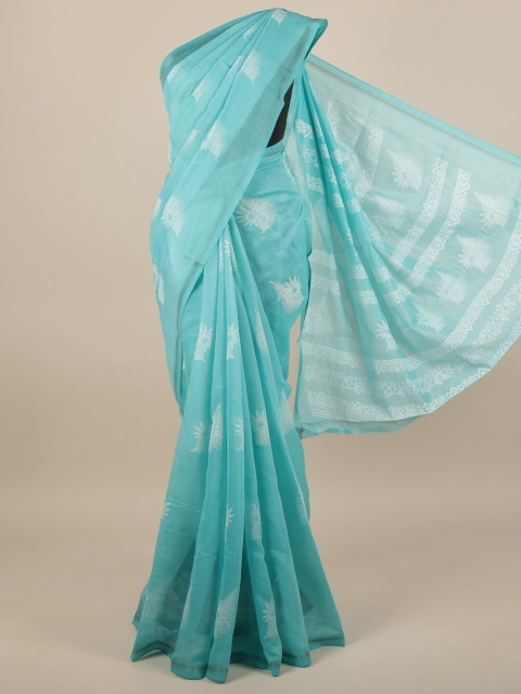 

Pothys Blue & White Cotton Blend Floral Printed Saree