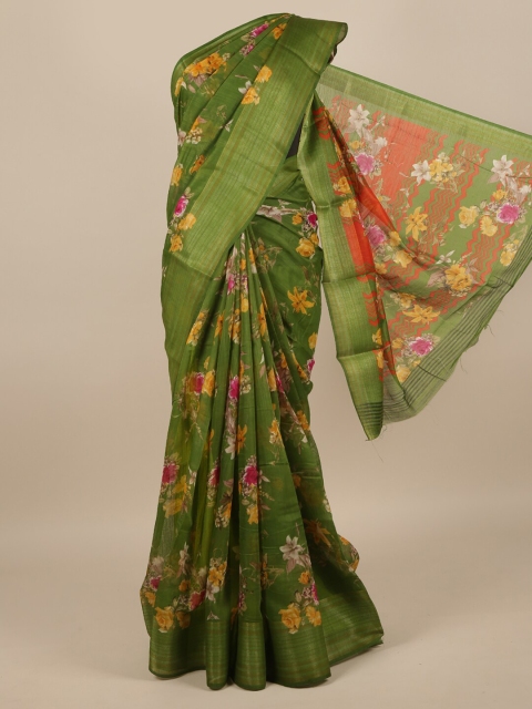 

Pothys Green & Yellow Cotton Blend Floral Printed Saree
