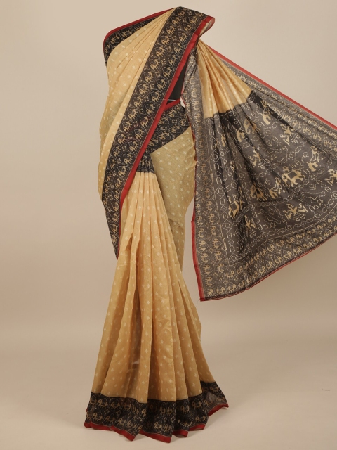 

Pothys Cream-Coloured & Black Jute Silk Ethnic Motifs Printed Saree