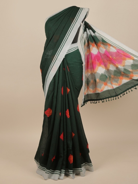 

Pothys Green & White Jute Silk Abstract Printed Saree