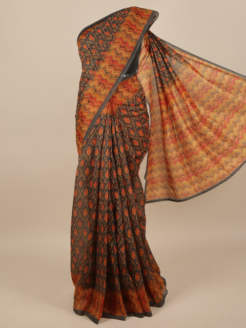 

Pothys Grey & Orange Jute Silk Geometric Printed Saree