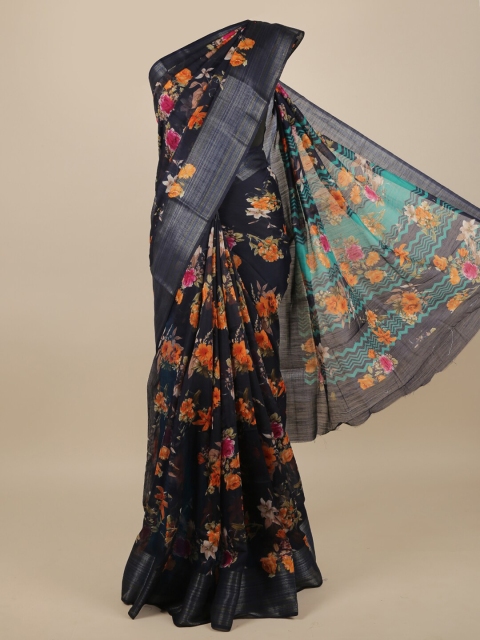 

Pothys Navy Blue & Orange Cotton Blend Floral Printed Saree
