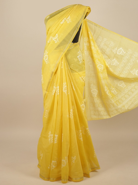 

Pothys Yellow & White Cotton Blend Floral Printed Saree