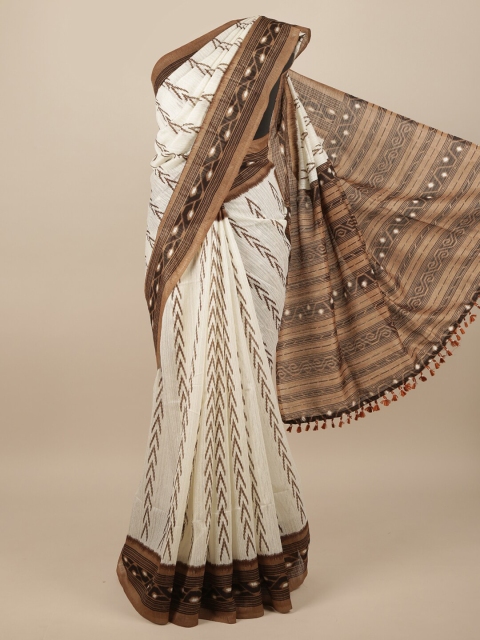 

Pothys Off White & Brown Jute Silk Geometric Printed Saree