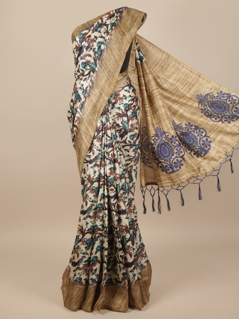 

Pothys Cream-Coloured & Beige Jute Silk Floral Printed Saree