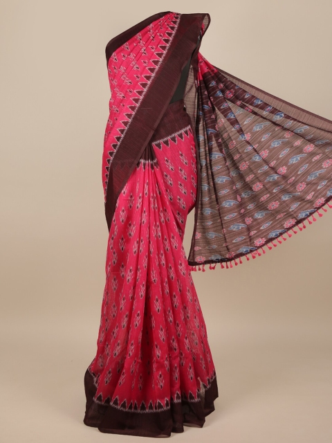 

Pothys Pink & Brown Jute Silk Geometric Printed Saree