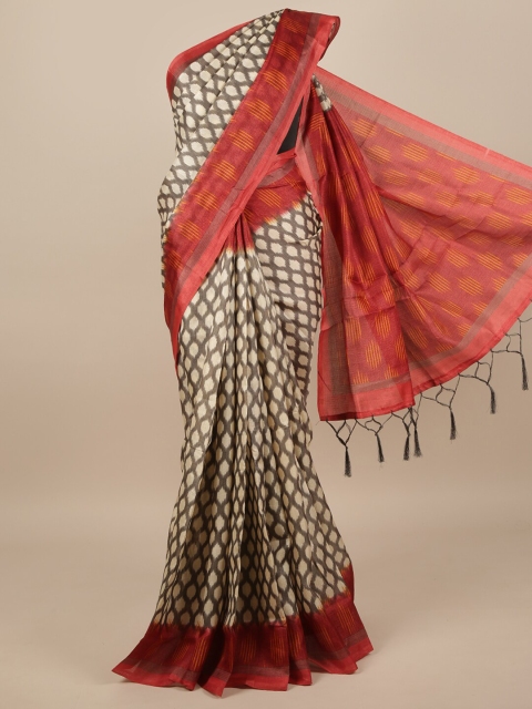 

Pothys Cream-Coloured & Red Jute Silk Geometric Printed Saree