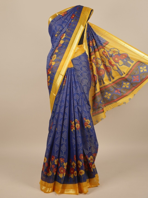 

Pothys Blue & Yellow Poly Chiffon Floral Printed Saree