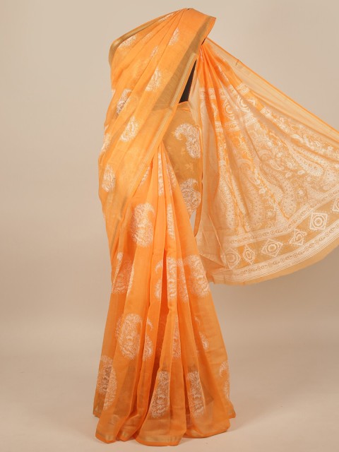 

Pothys Orange & white Cotton Blend Floral Printed Saree