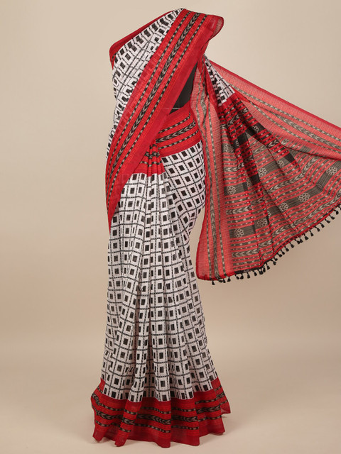 

Pothys Off White & Red Jute Silk Geometric Printed Saree
