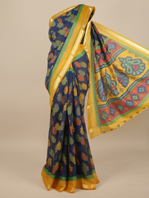 

Pothys Blue & Yellow Poly Chiffon Ethnic Motifs Printed Saree