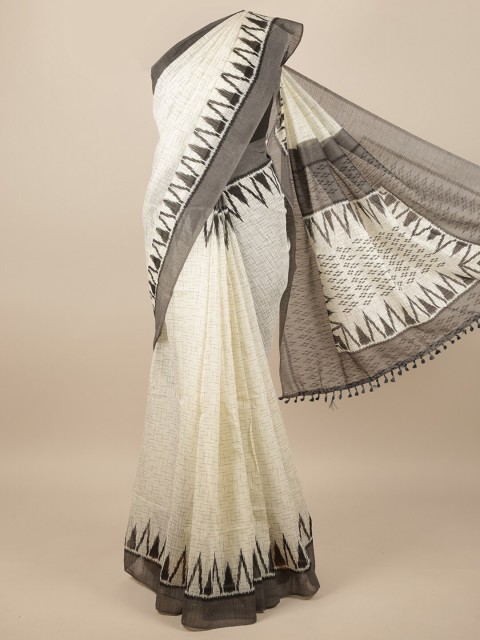 

Pothys Off White & Grey Jute Silk Geometric Printed Saree