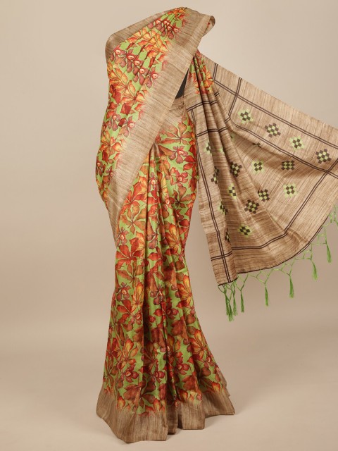 

Pothys Green & Beige Floral Jute Silk Saree