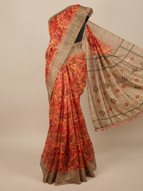 

Pothys Orange & Brown Floral Jute Silk Saree