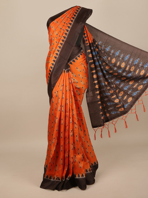 

Pothys Orange & Brown Floral Jute Silk Saree