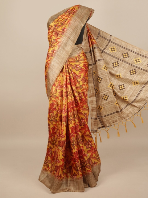 

Pothys Yellow & Beige Floral Jute Silk Saree