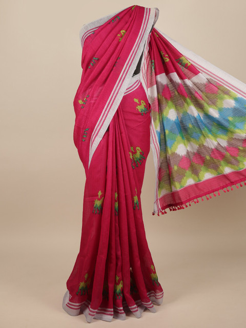 

Pothys Pink & Green Ethnic Motifs Jute Silk Saree